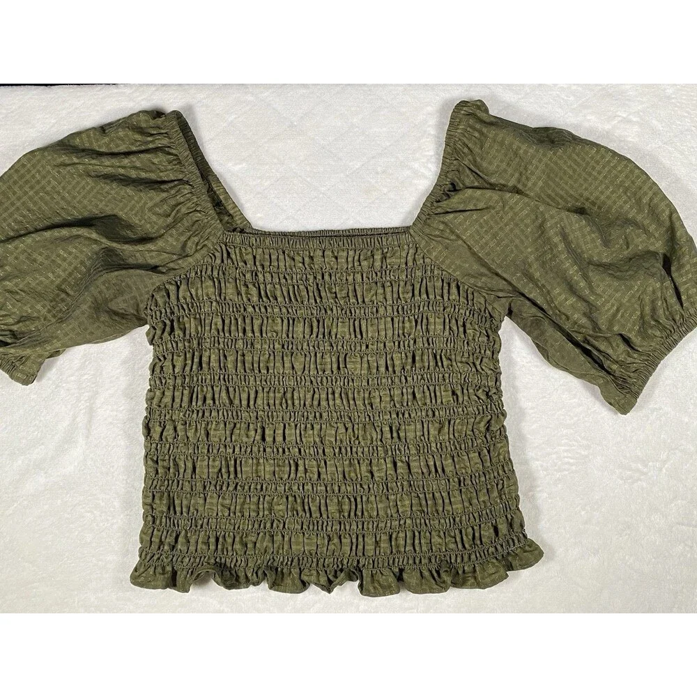 Old Navy Women's Lg Top Green Smocked Square Neck Puff Sleeve Milk Maid Cottage
